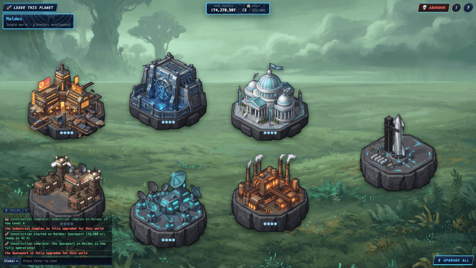 A fully developed colony surface with an endgame spaceport