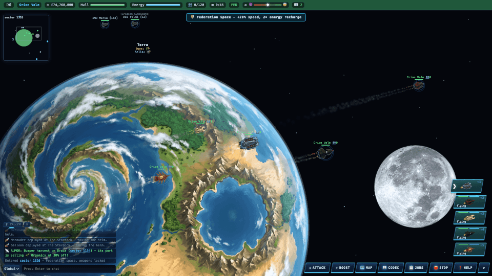 A five-ship fleet flying in formation past Terra
