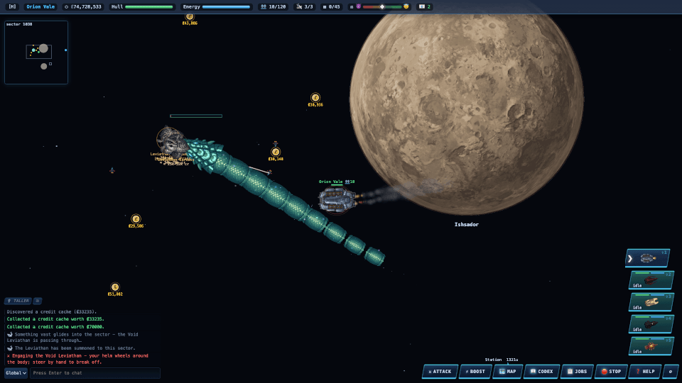 A fleet engaging the Void Leviathan beside a cratered moon